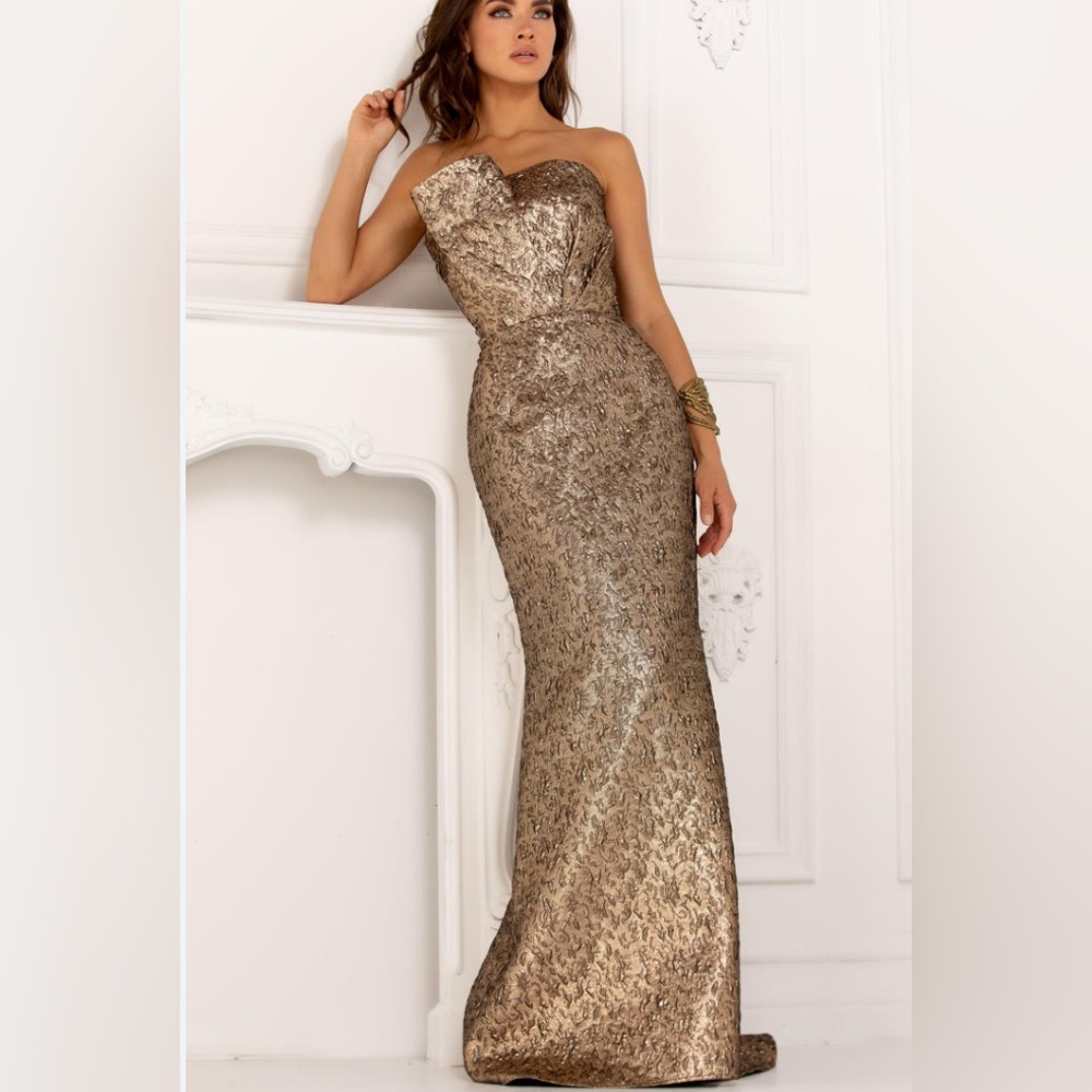 LUCCI Lu 1150 Bronze Gold Strapless Jacquard Formal Gown NWT Size 6 Elegant